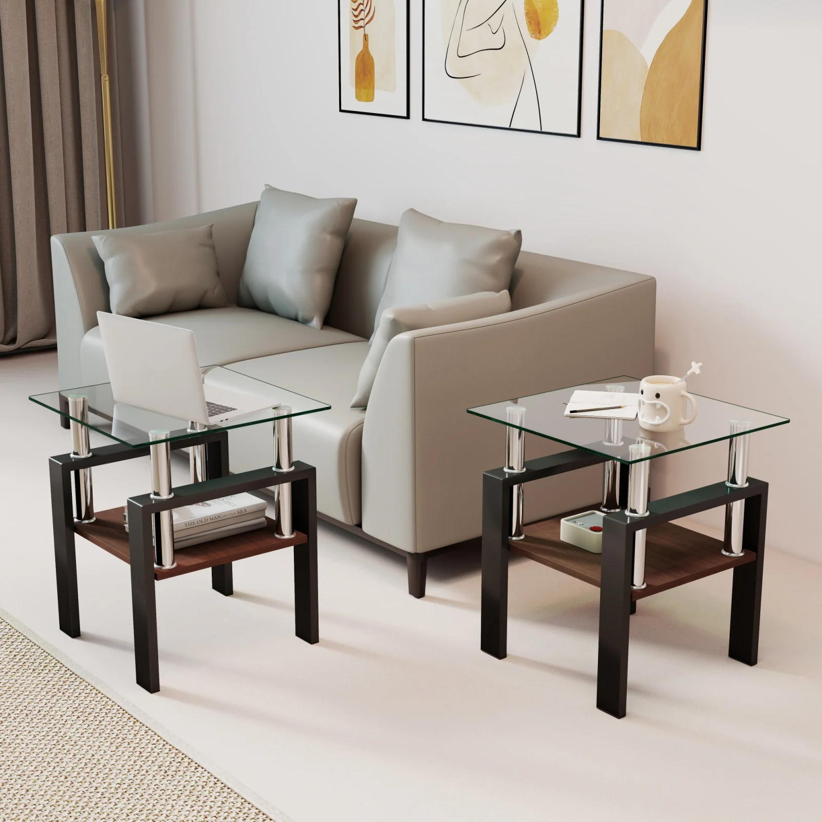 Set of 2 Modern Tempered Glass Tea Table,tempered Glass Tabletop with Mdf Layer,coffee Table,end Table, Square Table for Living Room, Transparent Black