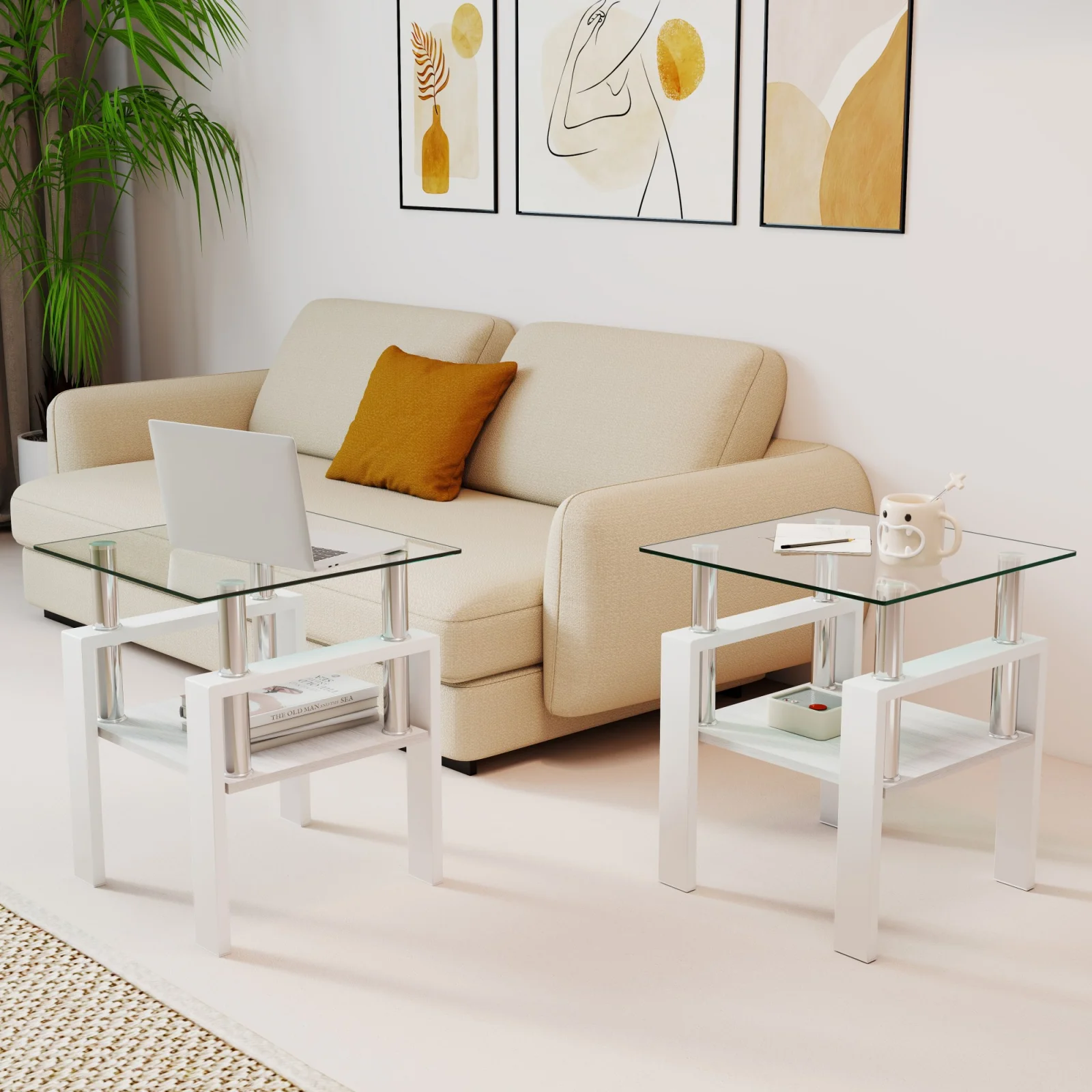Set of 2 Modern Tempered Glass Tea Table,tempered Glass Tabletop with Mdf Layer,coffee Table,end Table, Square Table for Living Room, Transparent White