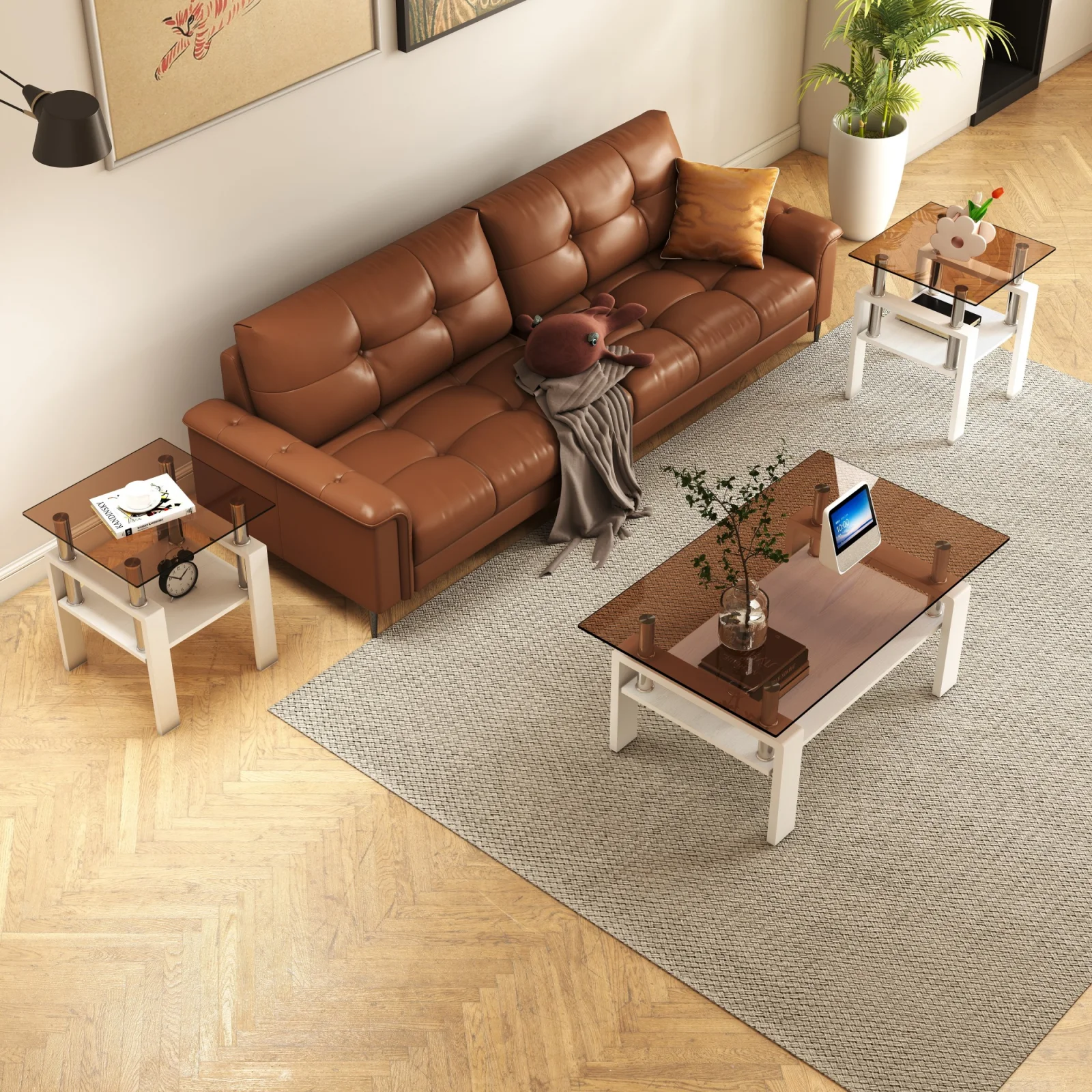 Set of 2 Modern Tempered Glass Tea Table ,tempered Glass Tabletop with Mdf Layer,coffee Table,end Table, Square Table for Living Room, Brown White
