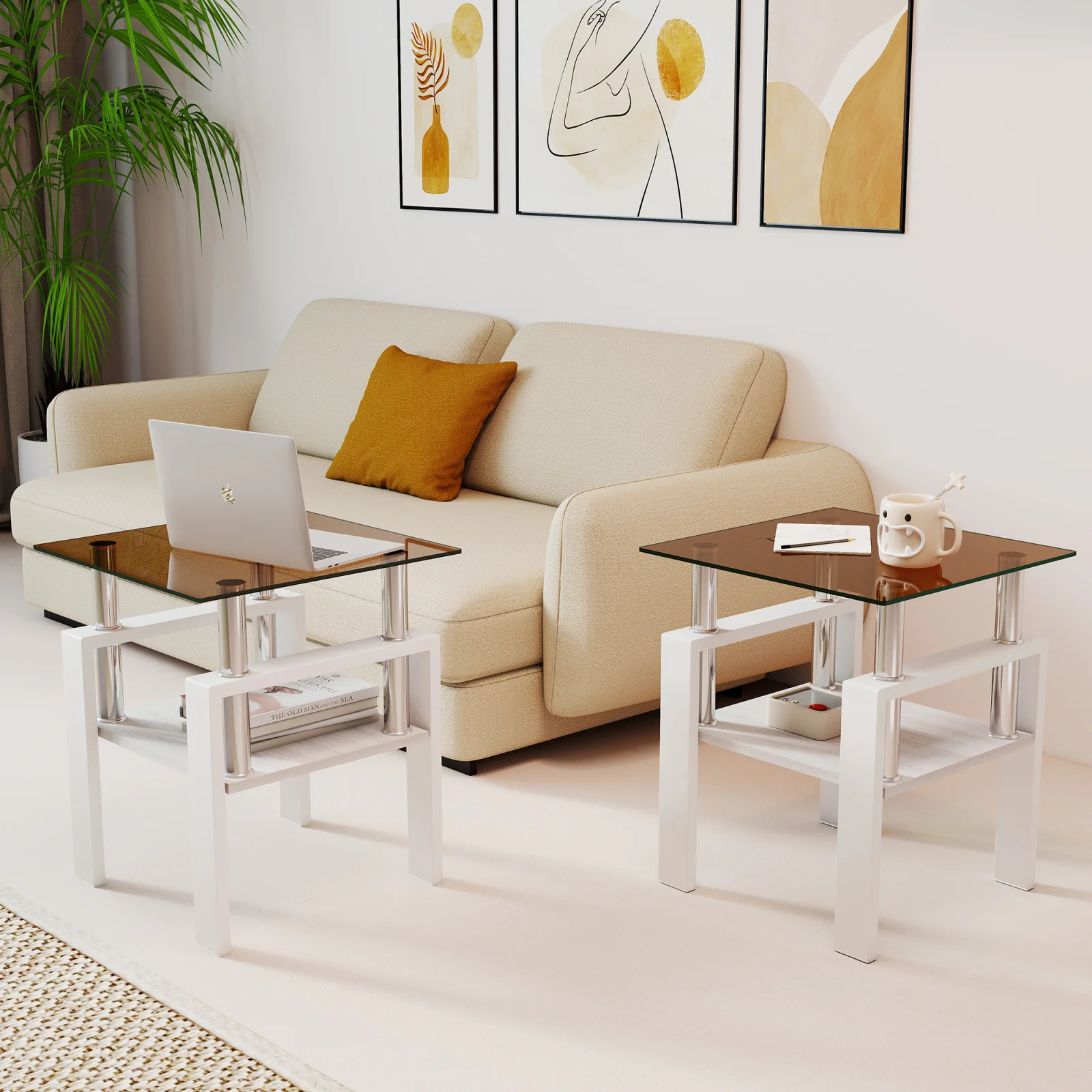 Set of 2 Modern Tempered Glass Tea Table ,tempered Glass Tabletop with Mdf Layer,coffee Table,end Table, Square Table for Living Room, Brown White