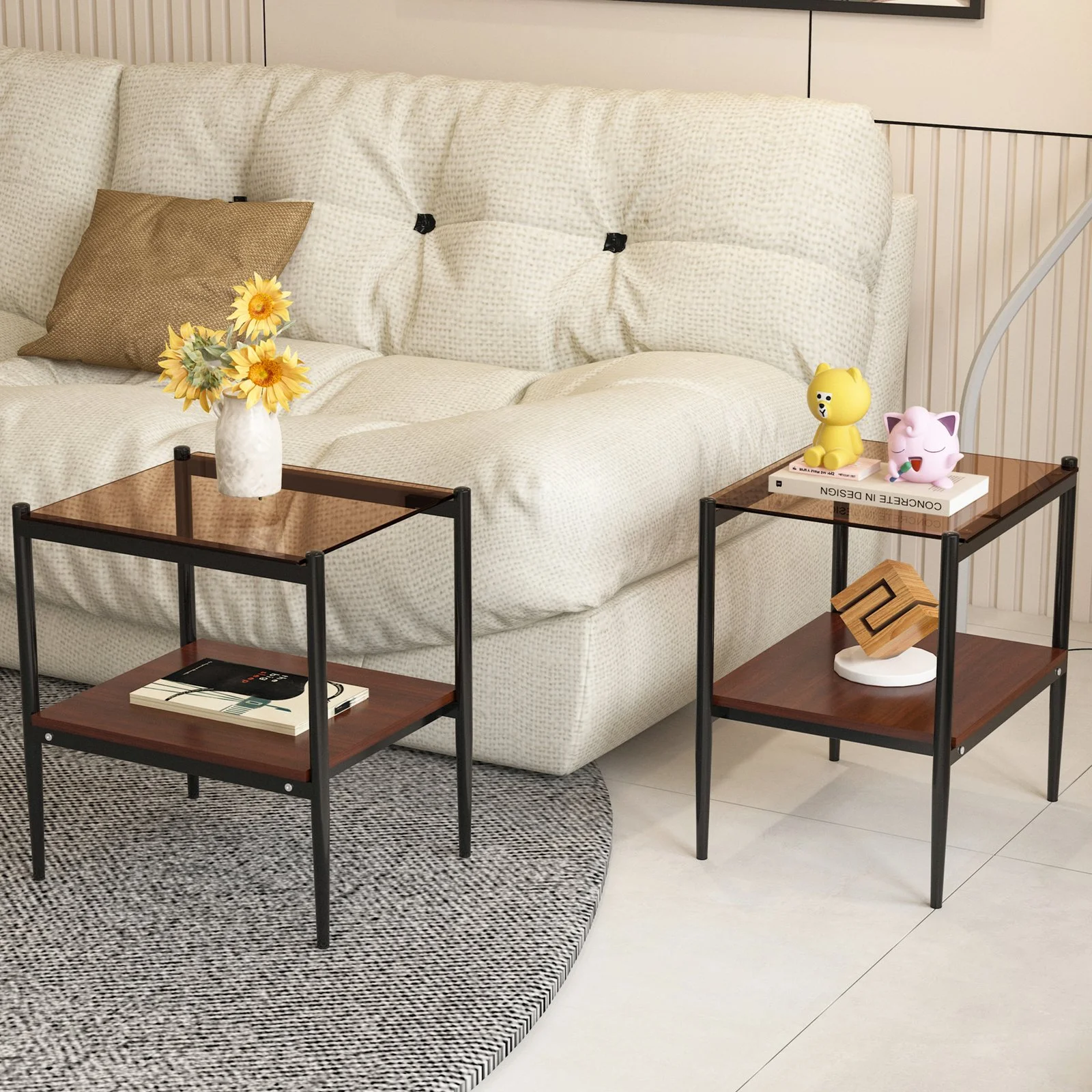 Set of 2 Rectangle End Table, Tempered Glass Tabletop with Mdf Layer, Modern Table for Living Room , Brown Glass