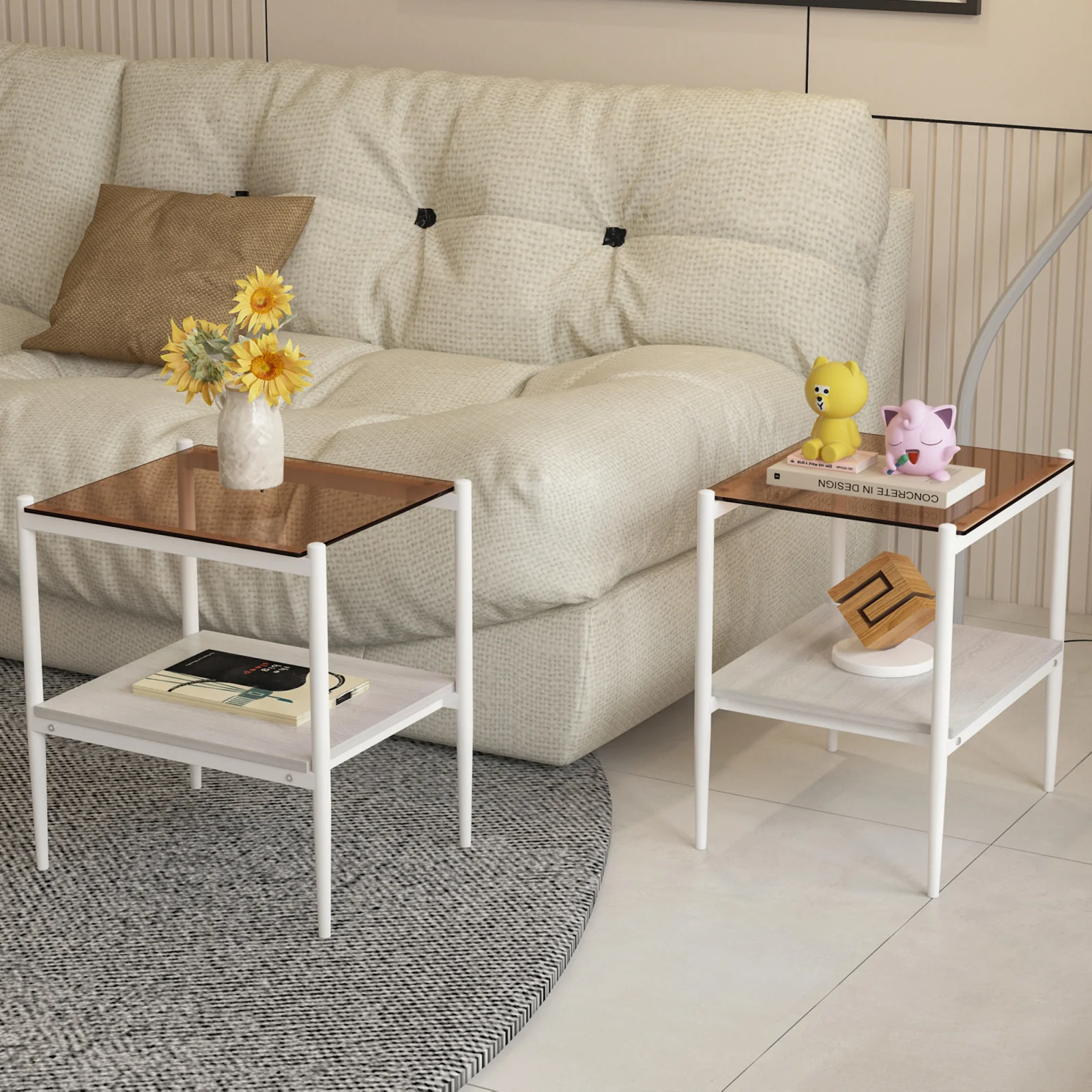 Set of 2 Rectangle End Table, Tempered Glass Tabletop with Mdf Layer, Modern Table for Living Room , Brown Glass