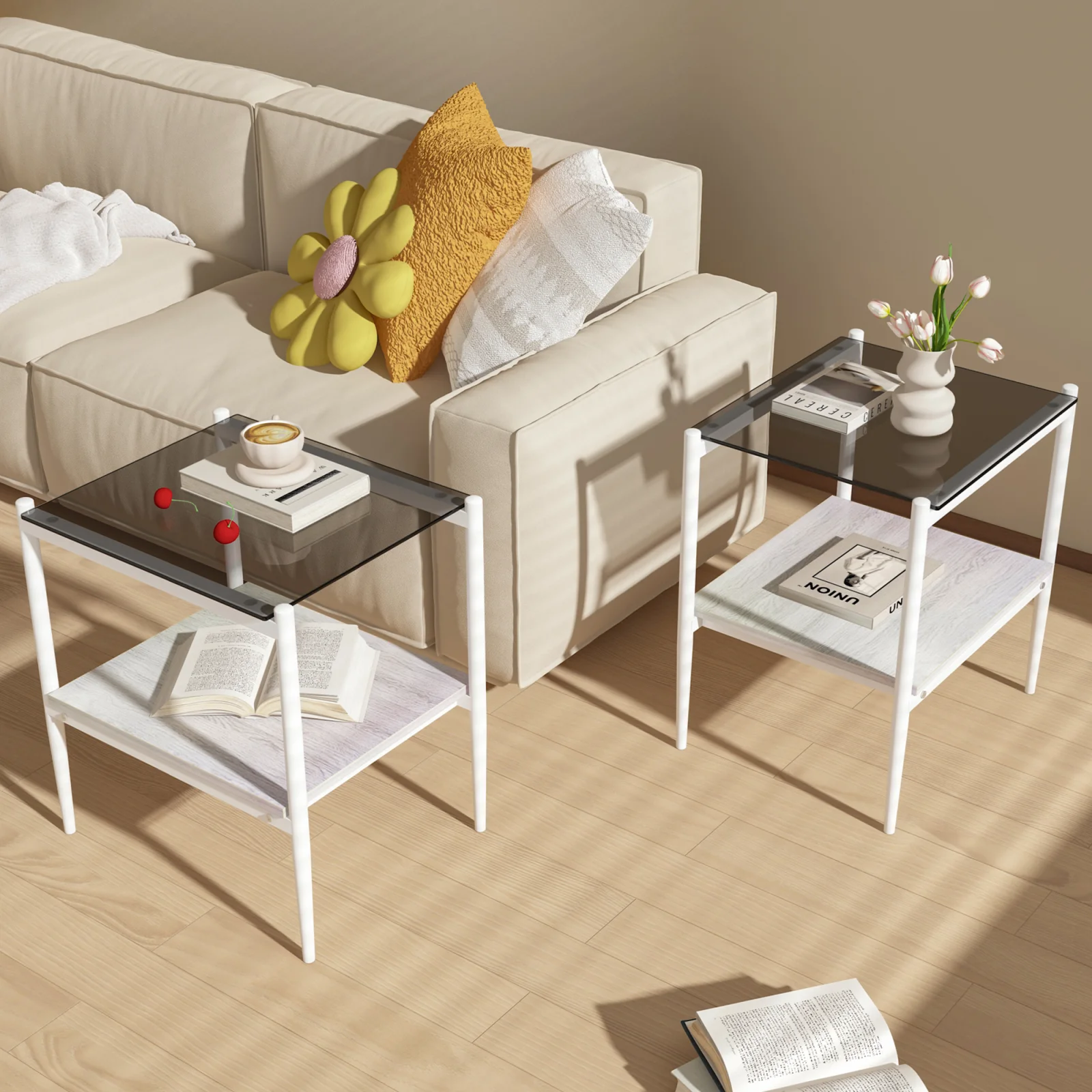 Set of 2 Rectangle End Table, Tempered Glass Tabletop with Mdf Layer, Modern Table for Living Room , Gray Glass