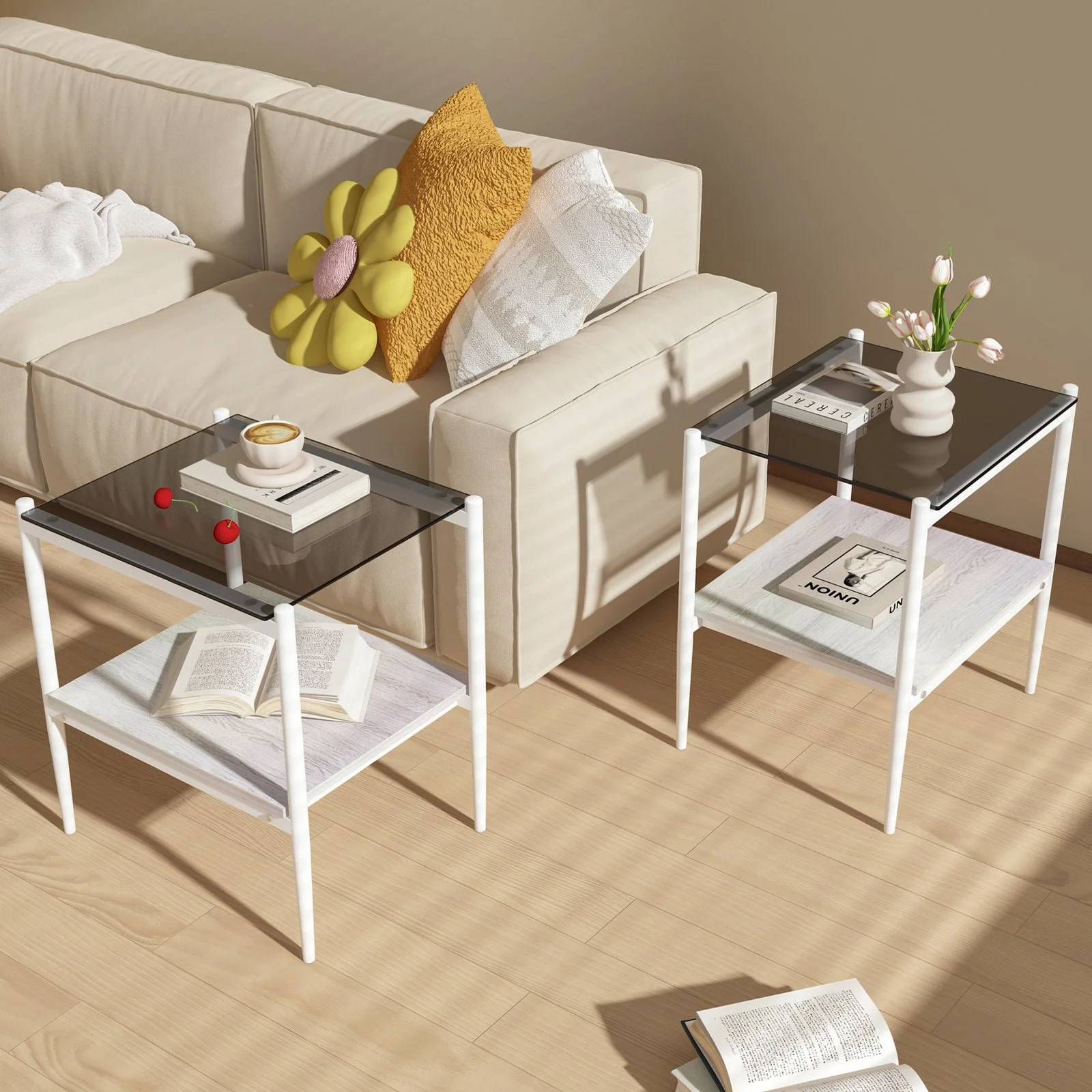 Set of 2 Rectangle End Table, Tempered Glass Tabletop with Mdf Layer, Modern Table for Living Room , Gray Glass