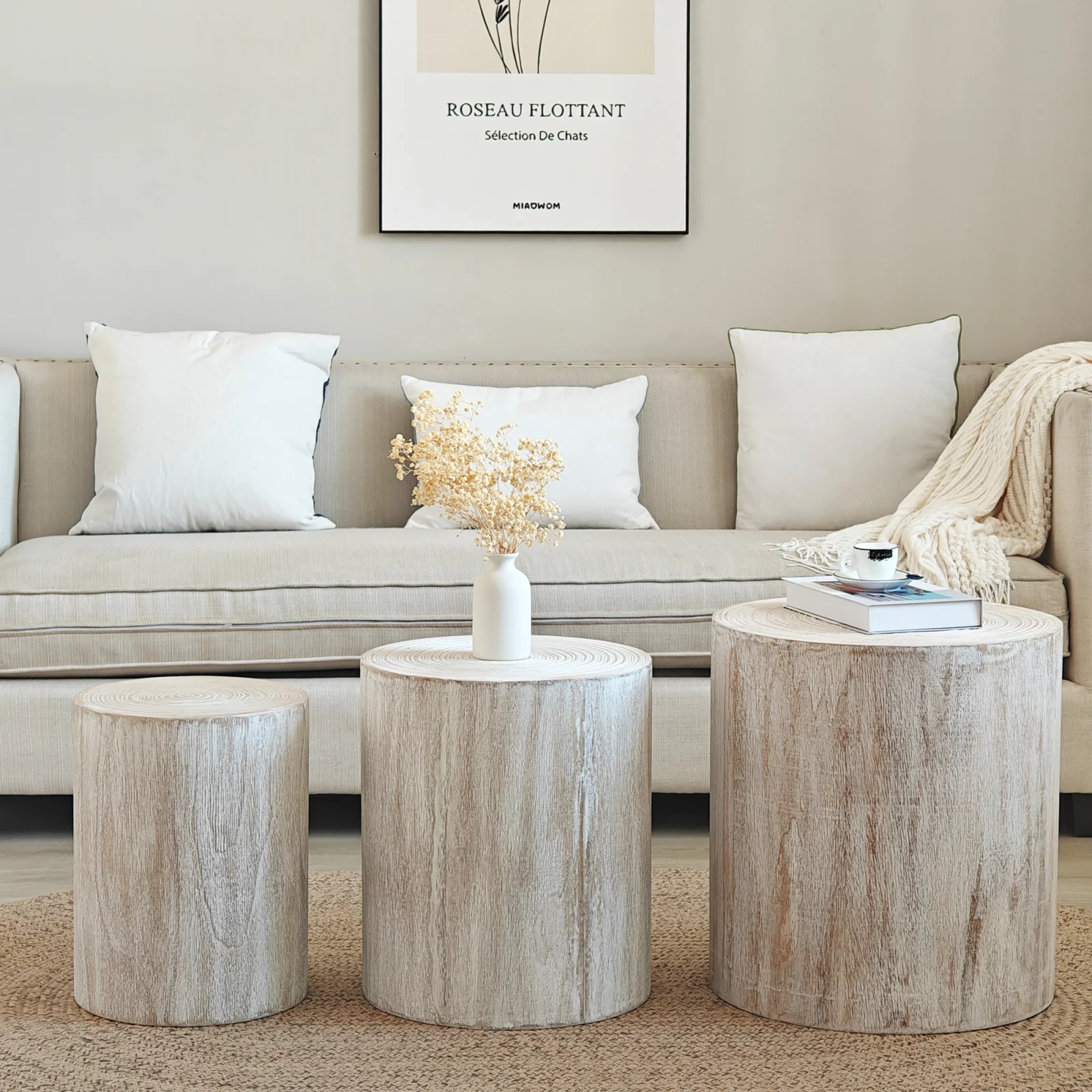 Set of 3, Rounded Wood Coffee Tables, End Tables, Plant Stands,decorative Accent Pieces - Whitewashed Wood Finish