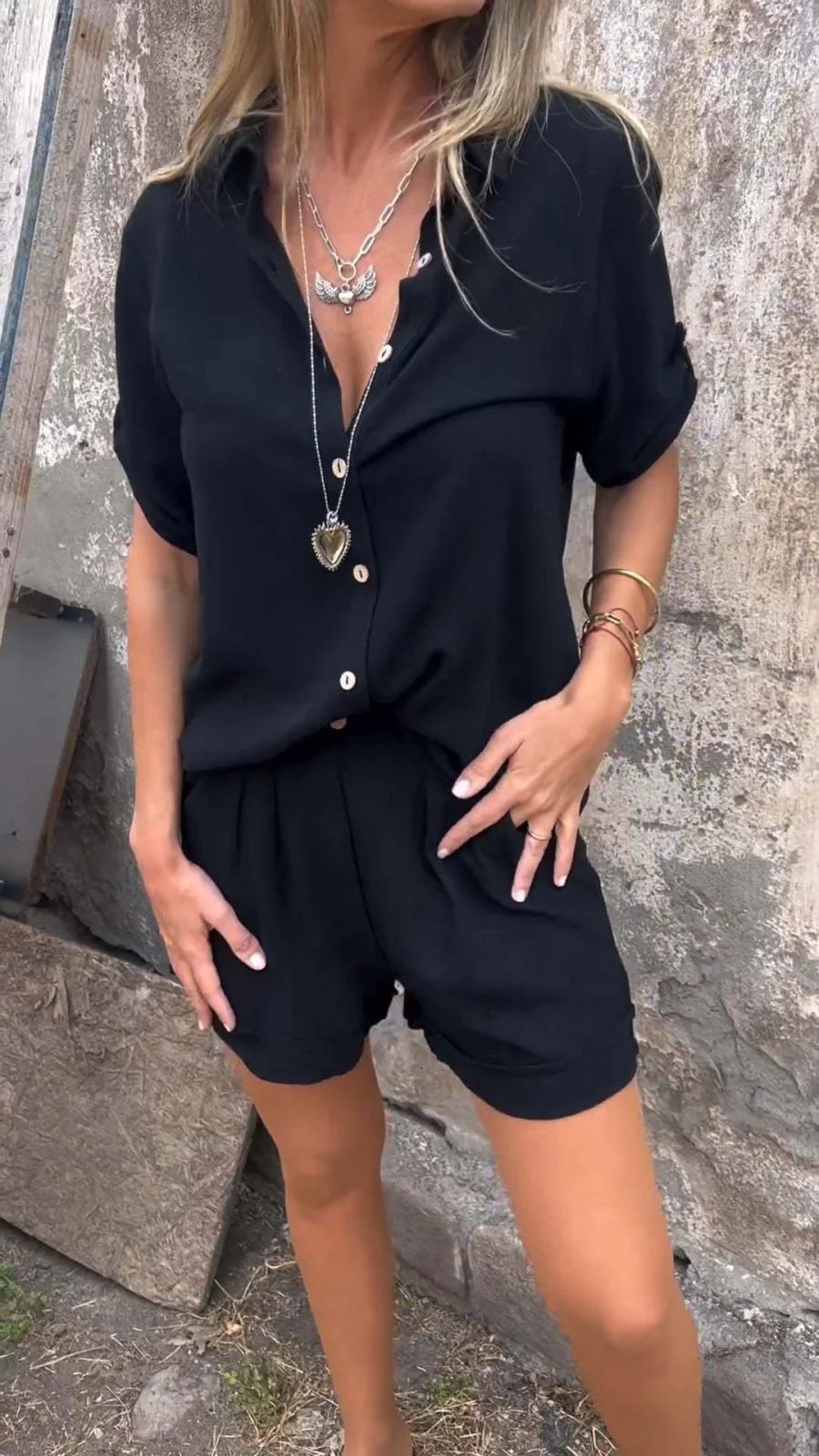 Short-sleeved Suits Fashion Lapel Button Shirt Top and Pocket Shorts Women's Clothing