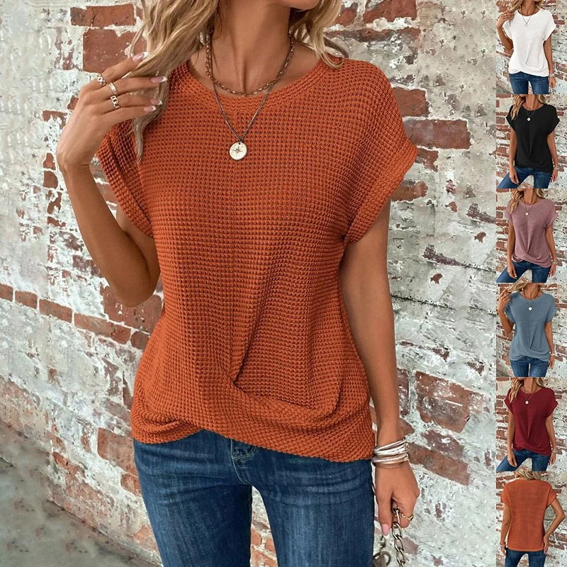 Short-sleeved Waffle T-shirt Summer New Solid Color Crew Neck Top for Womens Clothing