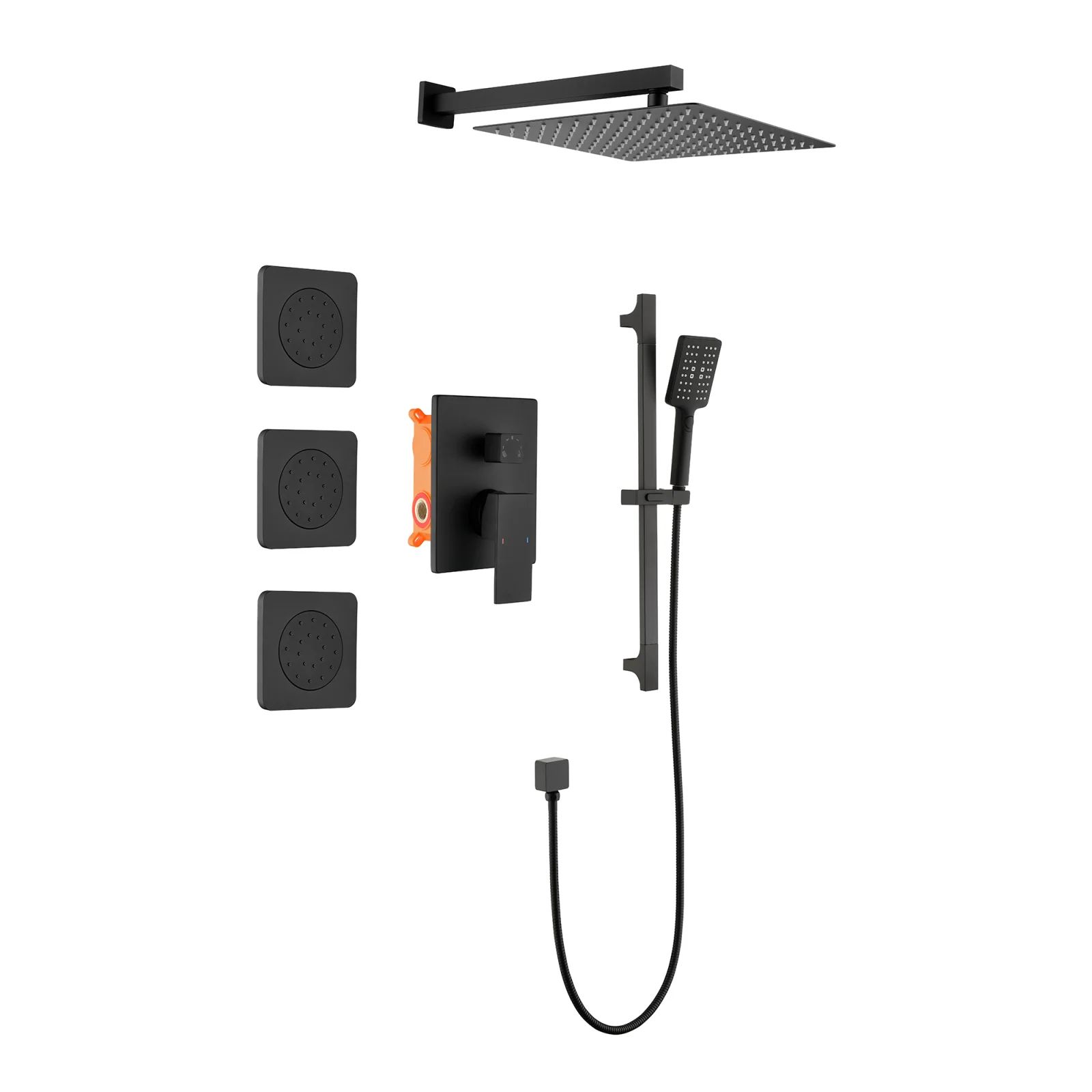 Shower System with Shower Head, Hand-held Shower, Slide Bar, Spray, Shower Arm, Hose, Valve Trim and Lever Handle