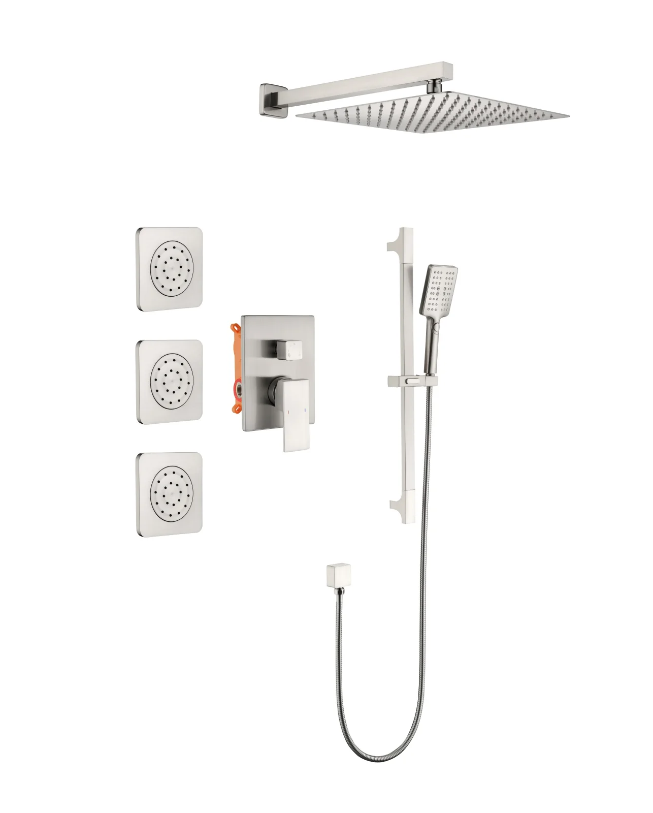 Shower System with Shower Head, Hand Shower, Slide Bar, Sprayer, Shower Arm, Hose, Valve Trim and Lever Handle