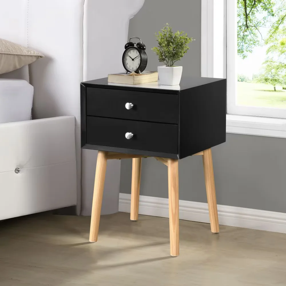 Side Table,bedside Table with 2 Drawers and Rubber Wood Legs, Mid-century Modern Storage Cabinet for Bedroom Living Room