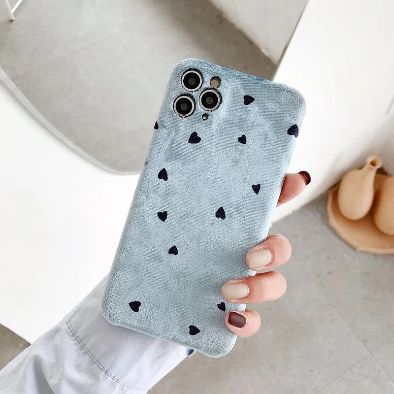 Simple Solid Color Small Love Phone Case Plush Soft Shell