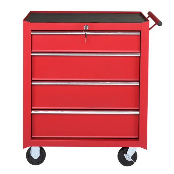 Steel garden tool cart with 4 drawers, single bottom design, 61.8cm length