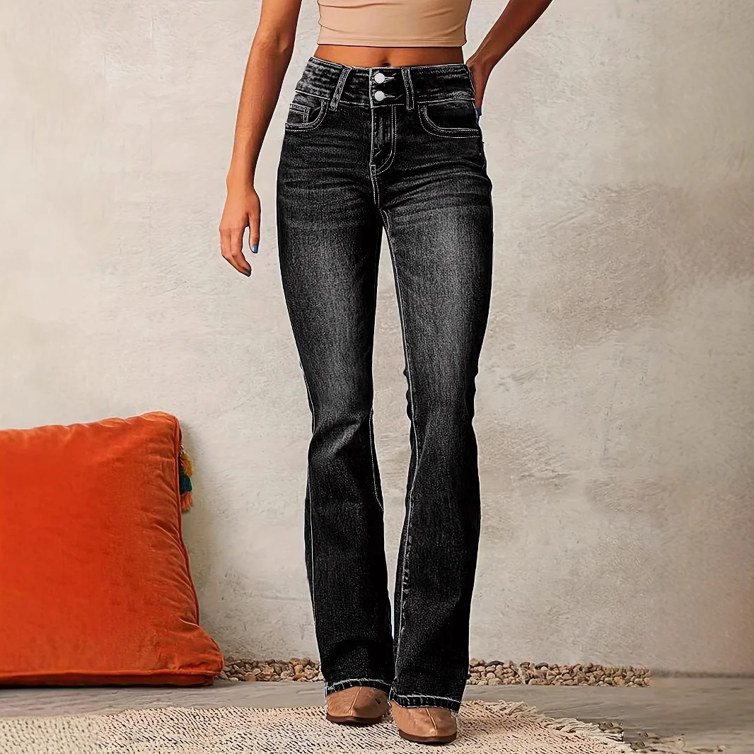 Skinny Flared Jeans with Pockets Fashion Button Zipper Trousers Women's Slim Denim Pants