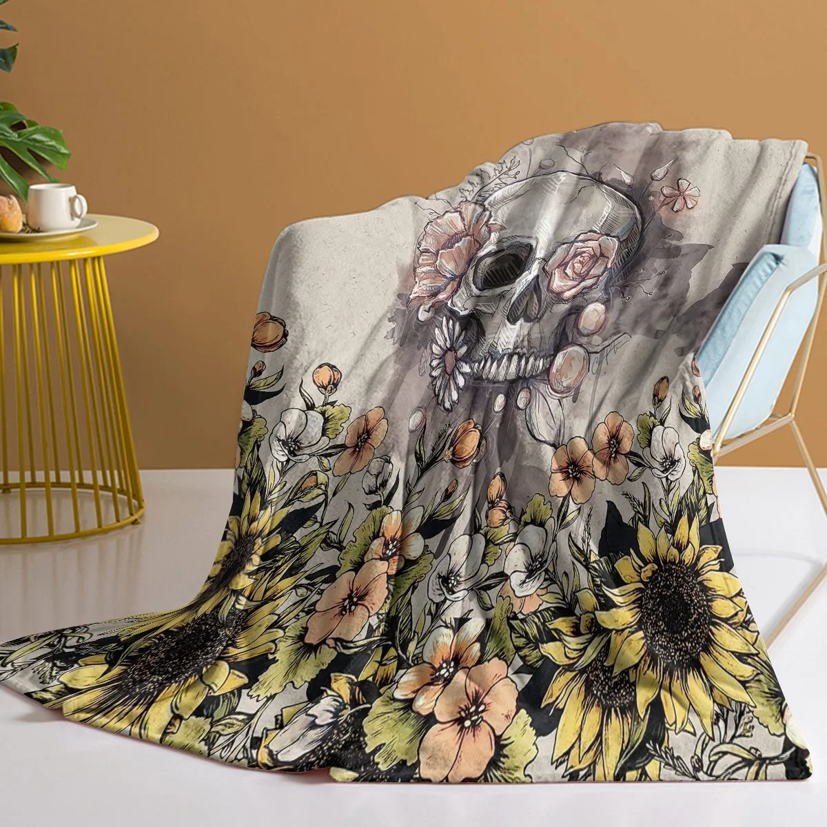 Sunflower skull pattern flannel throw blanket – soft beige, cozy for couch or bed