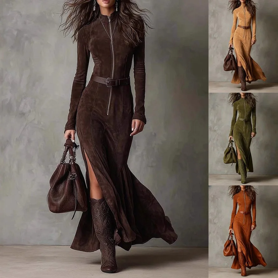 Slim Zipper Dress Elegant Temperament Split Long-sleeved Dresses Cowboy Fashion Retro Women's Clothing