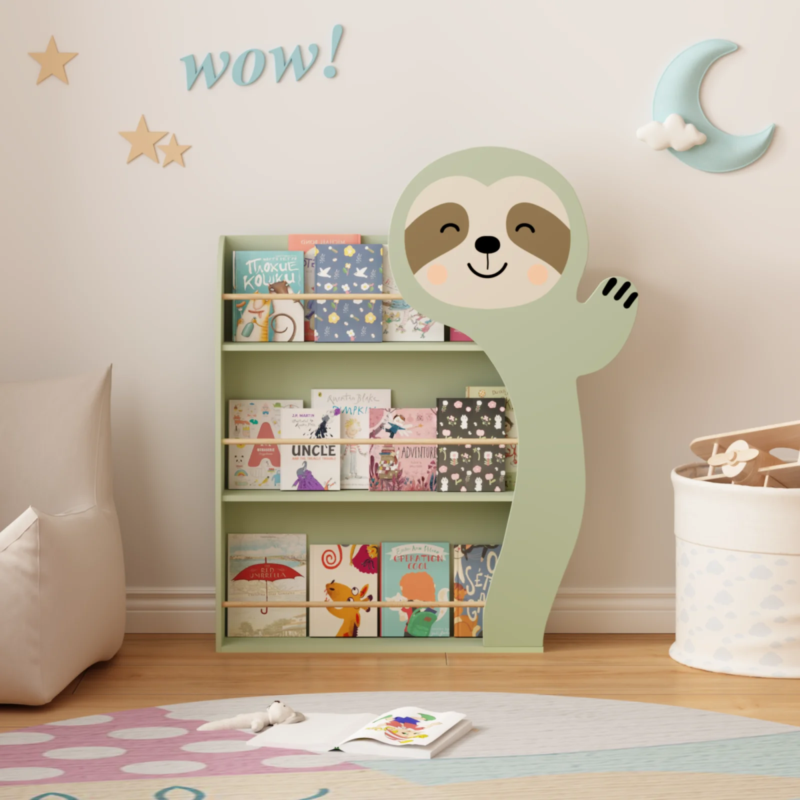Sloth Kids Bookshelf, Front-facing Toddler Book Display Rack with 3 Tiers, Cute Animal Design, Wooden Nursery Bookshelf for Playroom, Bedroom & Reading Corner, Safe & Sturdy Storage Organizer