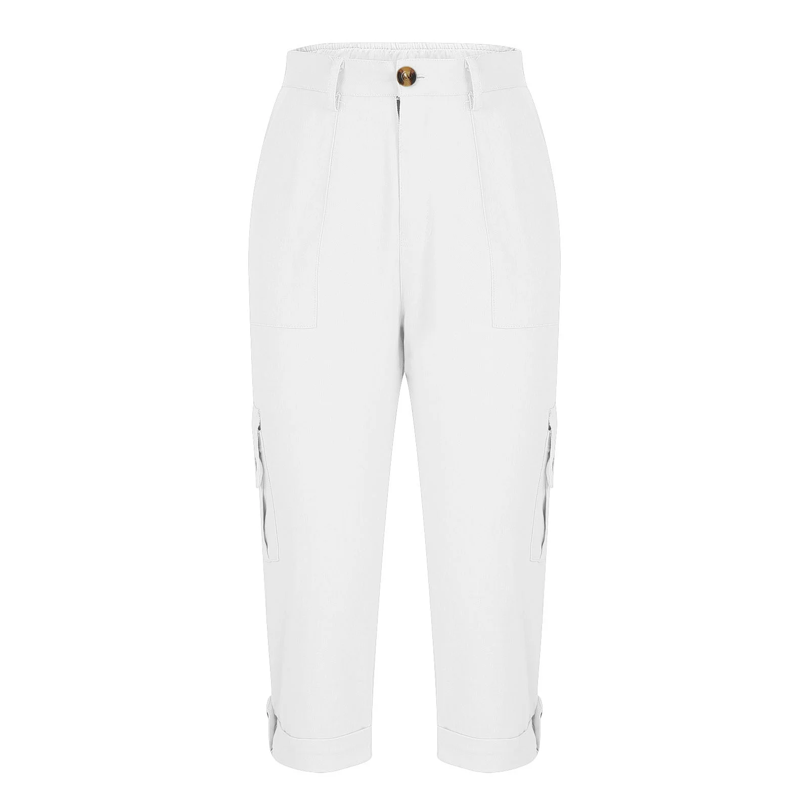 Solid Color Casual Cropped Pants - Women's High Waist Multiple Pockets Capri Trousers for Daily Wear