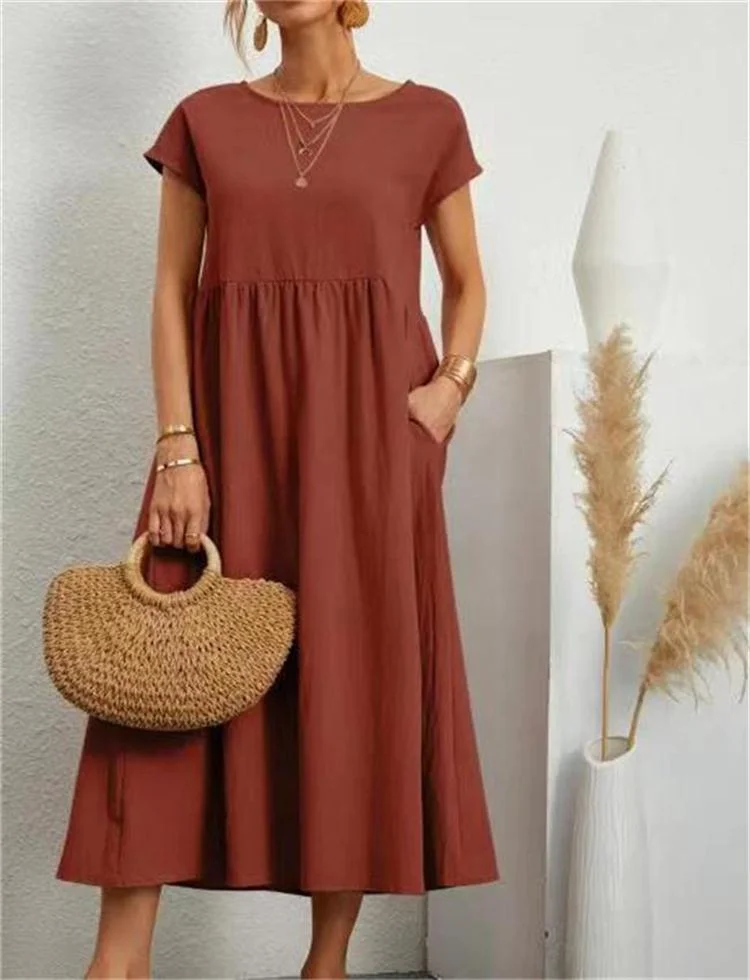 Solid Color Fashion Lantern Sleeve Loose Cotton Linen Skirt