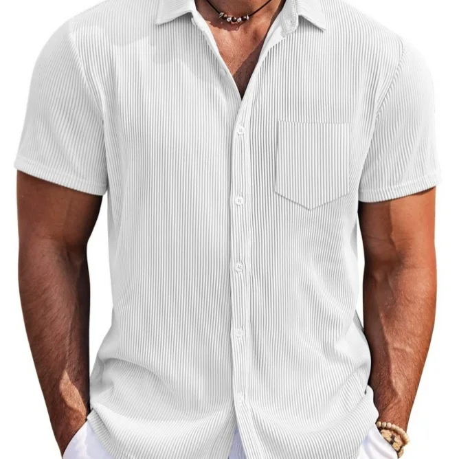 Men's Loose Fit Short Sleeve Shirt with Vertical Stripes in Solid Colors