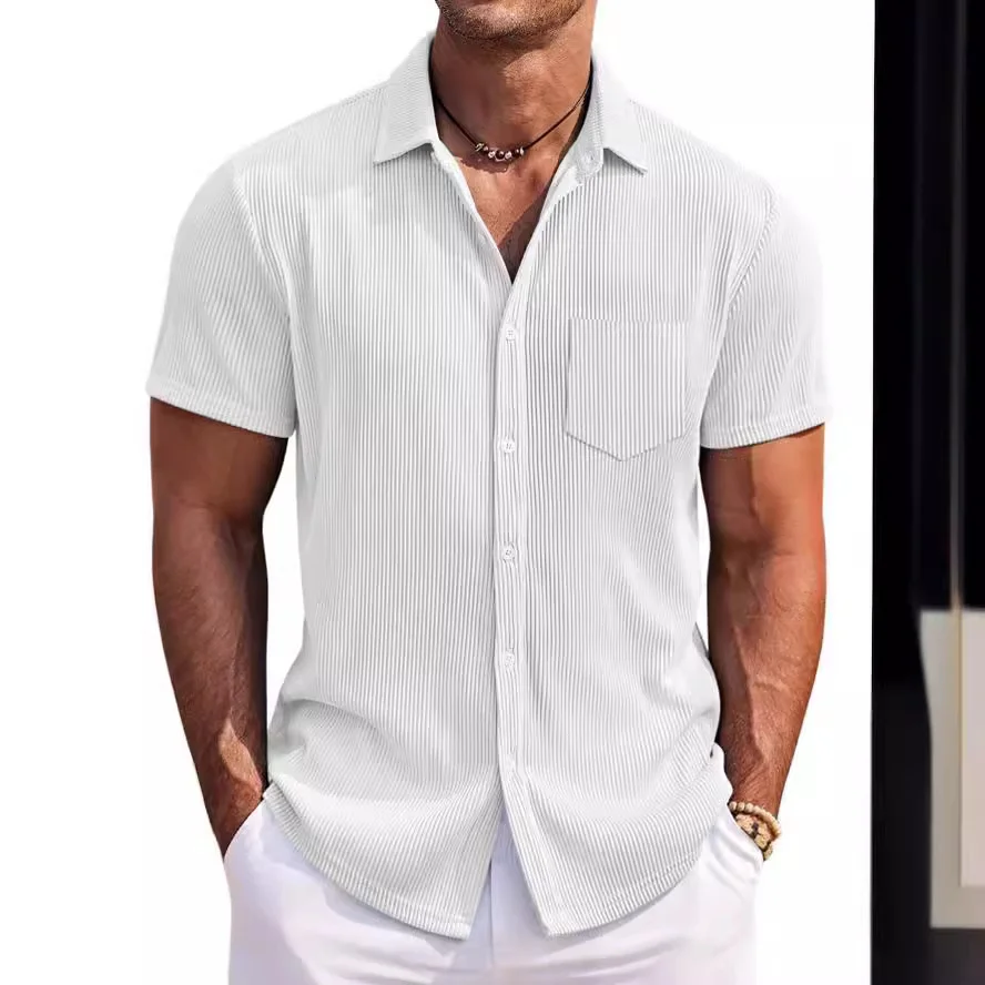 Men's Loose Fit Short Sleeve Shirt with Vertical Stripes in Solid Colors