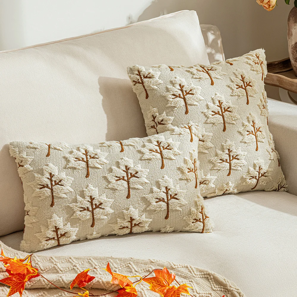 Solid Color Three-dimensional Embroidered Maple Leaf Plush Pillowcase