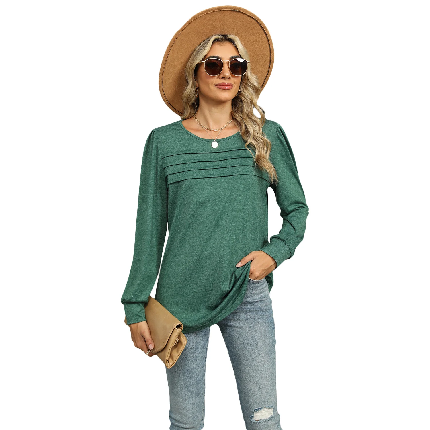 Solid Color U-neck Pleated Long-sleeved T-shirt Top for Women