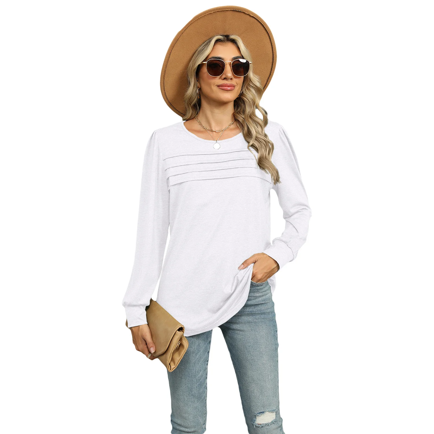 Solid Color U-neck Pleated Long-sleeved T-shirt Top for Women