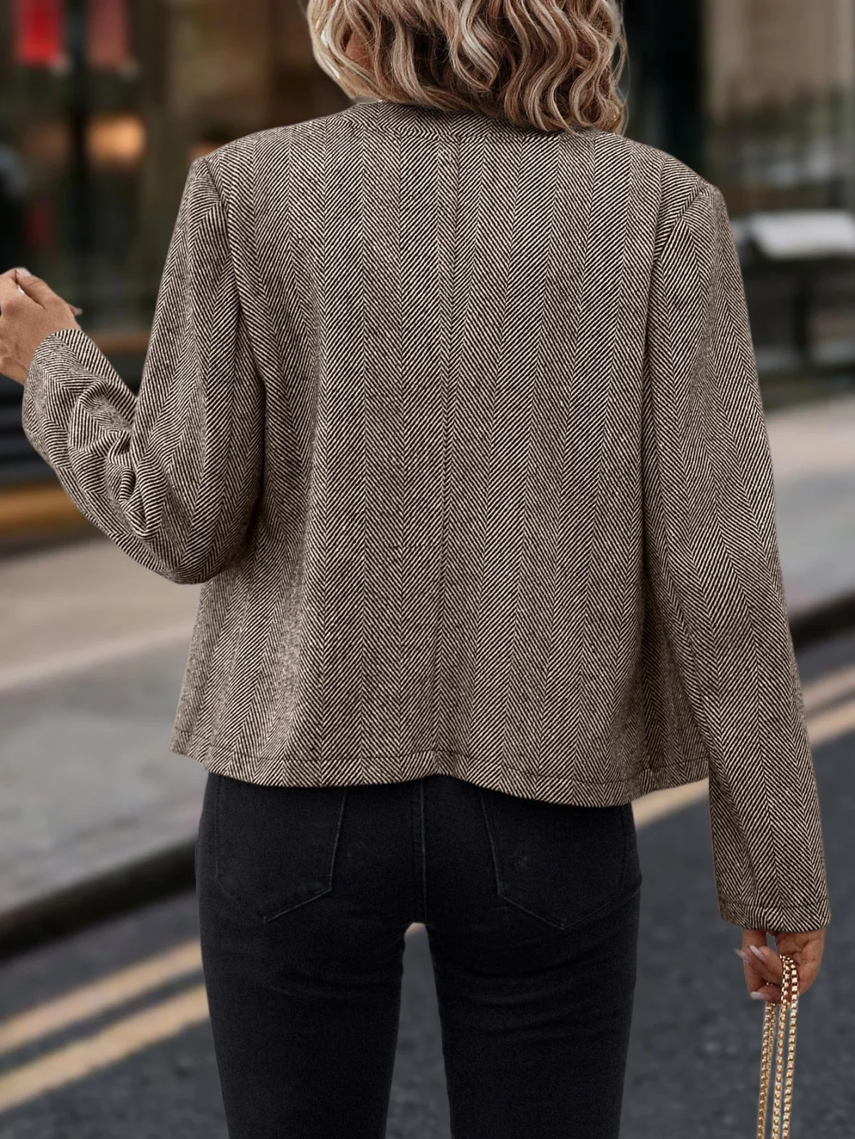 Spring and Autumn Leisure, Commuting Outfit, Herringbone Coat, Round Neck Long Sleeve Fitted Jacket, Double-breasted Metal Buttons.