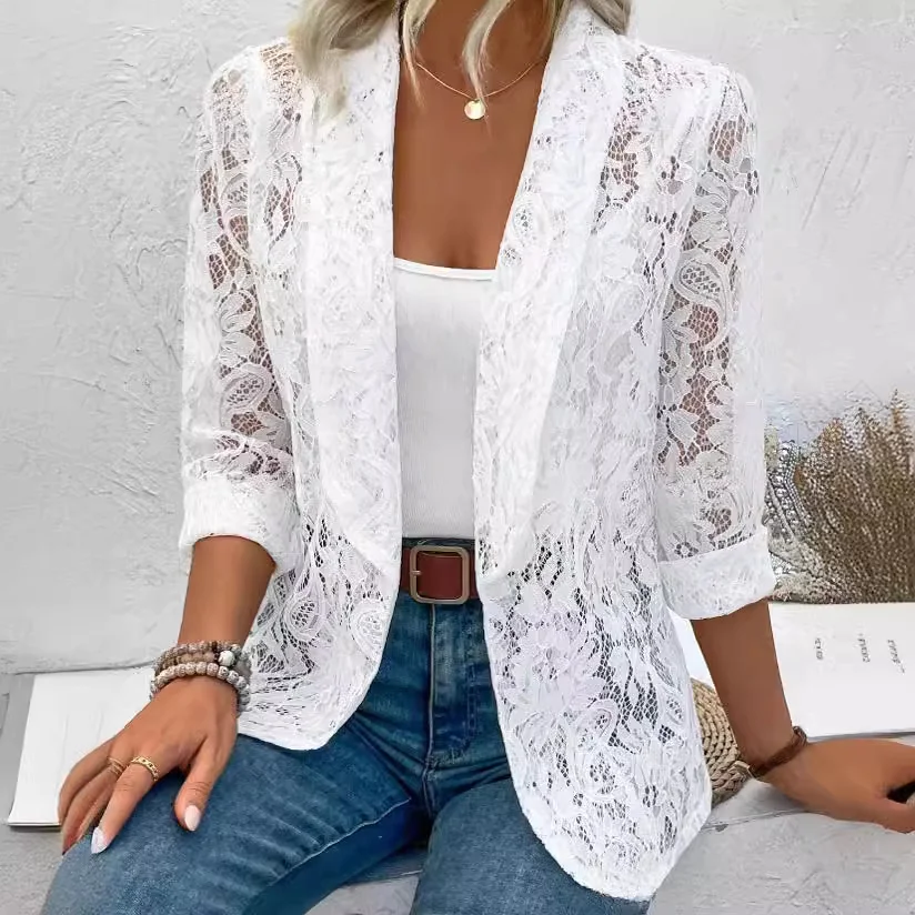 Spring and Summer Small Suit, Fashionable and Versatile Solid Color Lace Shirt Jacket