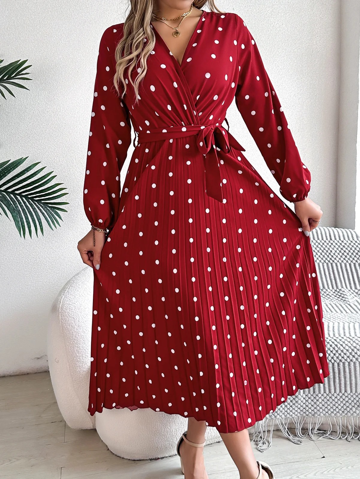 Spring Summer Elegant Long Dress Cross V-neck Contrast Polka Dot Long Sleeve Pleated Bridesmaid Dresses