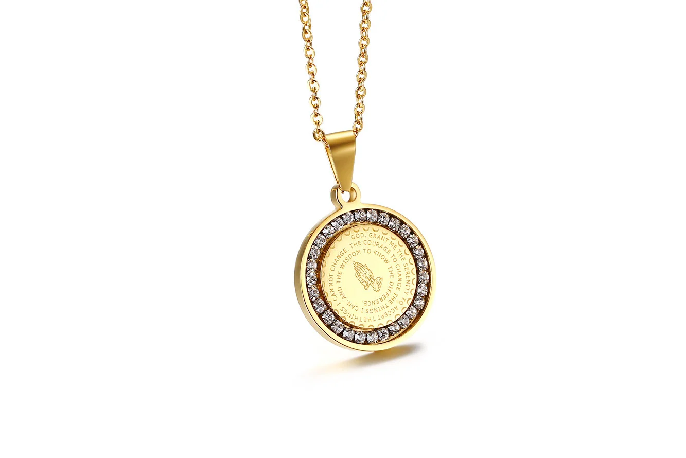 Stainless Steel Rhinestone Prayer Scripture Pendant with 50 cm O‑Chain