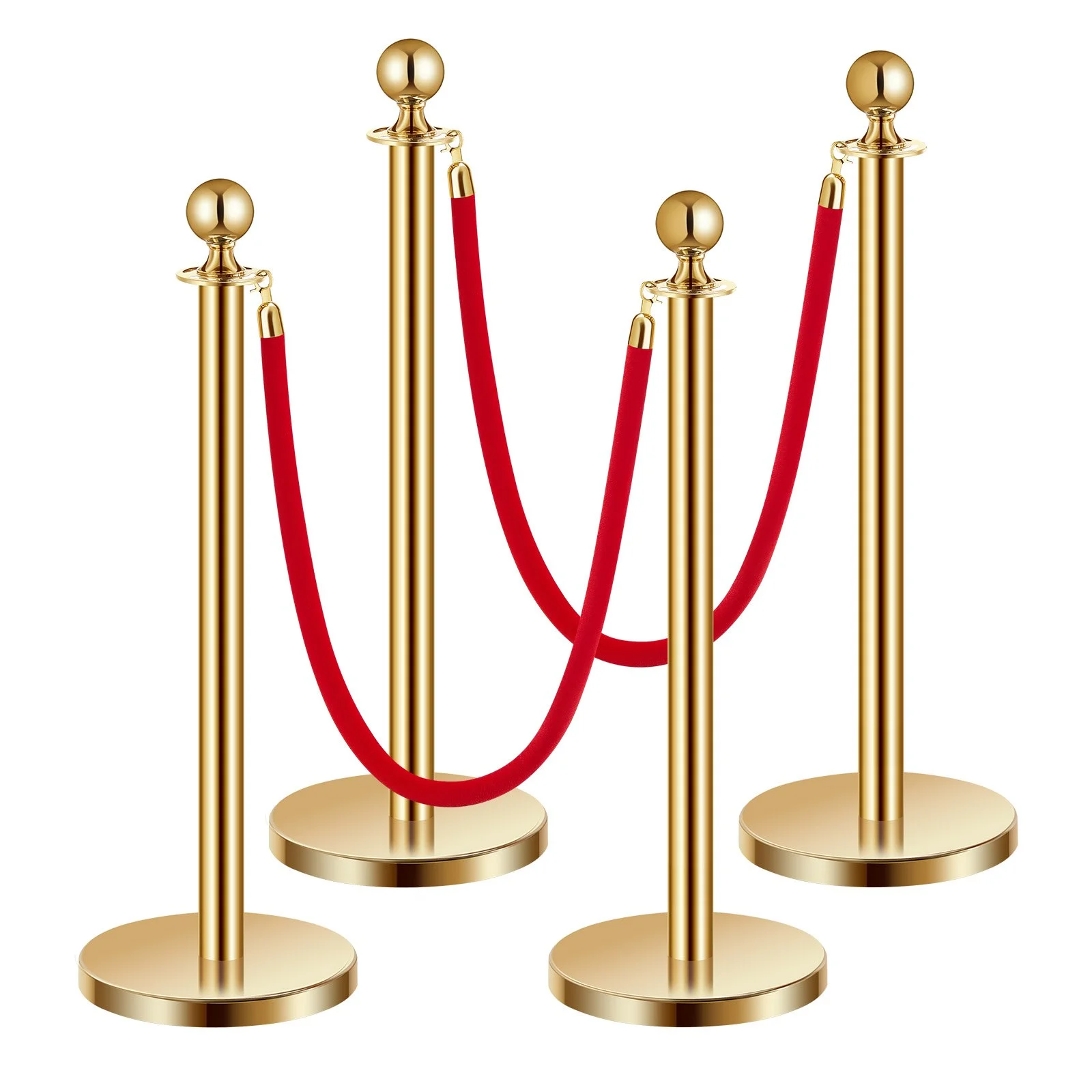 Stanchions and Velvet Ropes 4pcs, Hollow Base with Stainless Steel Post, 2 Red Velvet Ropes and Posts, Crowd Control Barriers Gold Stanchions, Red Carpet Runner Poles for Party Supplies