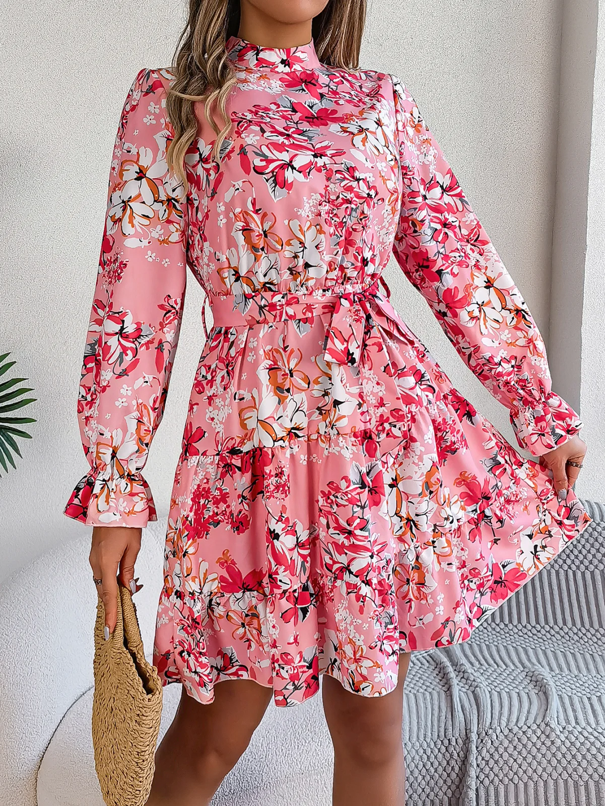 Standing Collar Floral Print Waist-controlled Long Sleeves Ruffled A-line Dresses for Women Spring Autumn Ruffle Edge Long Dress