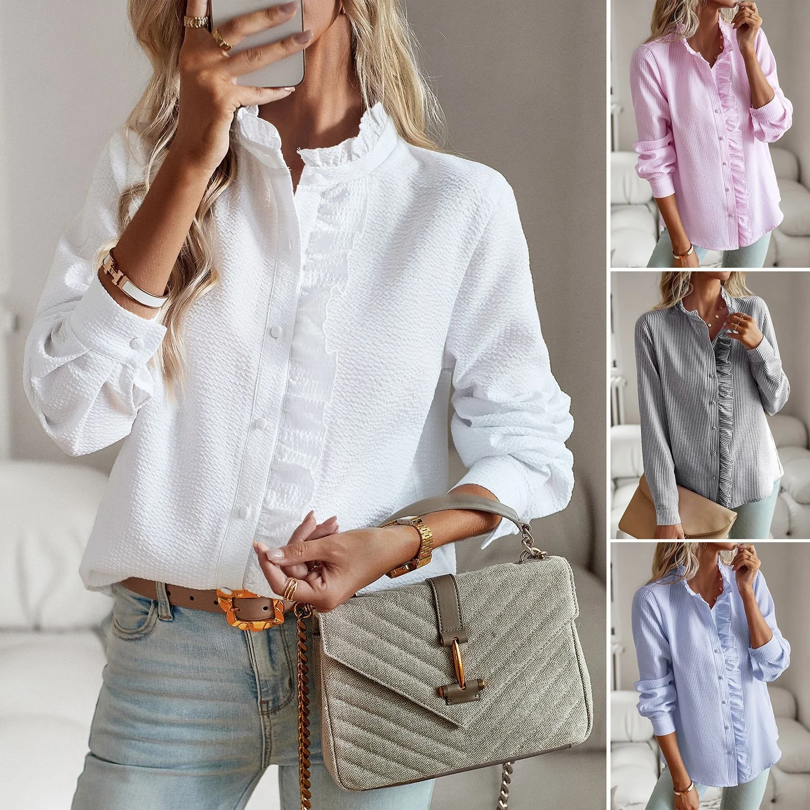 Striped Long Sleeve Shirt Fashion Ruffle Design Button Up Tops Casual Office Blouse Elegant Commuting Women's
