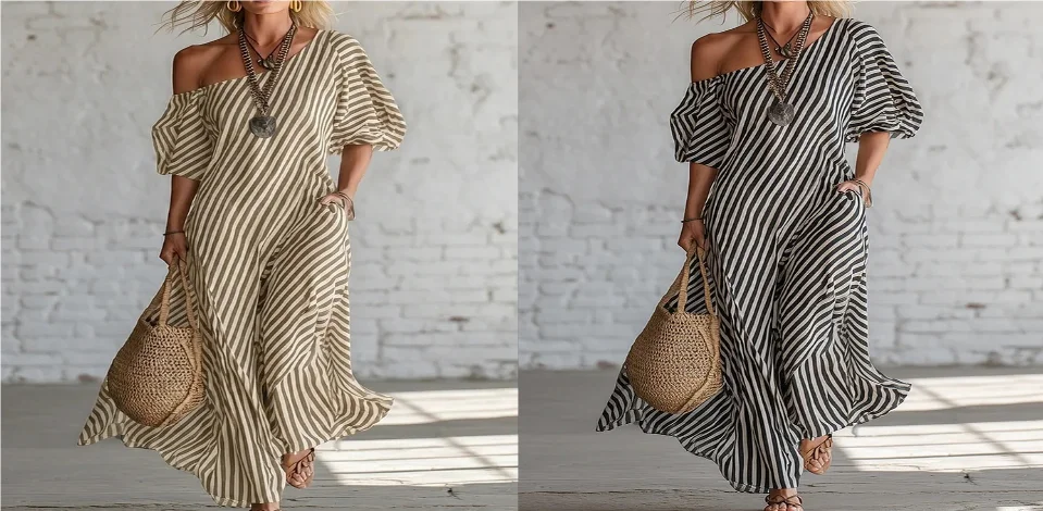 Striped Print Off-shoulder Dress Summer Fashion Short-sleeved Maxi Dress Women's Casual Vacation Party Beach Dresses