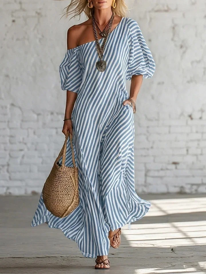 Striped Print Off-shoulder Dress Summer Fashion Short-sleeved Maxi Dress Women's Casual Vacation Party Beach Dresses