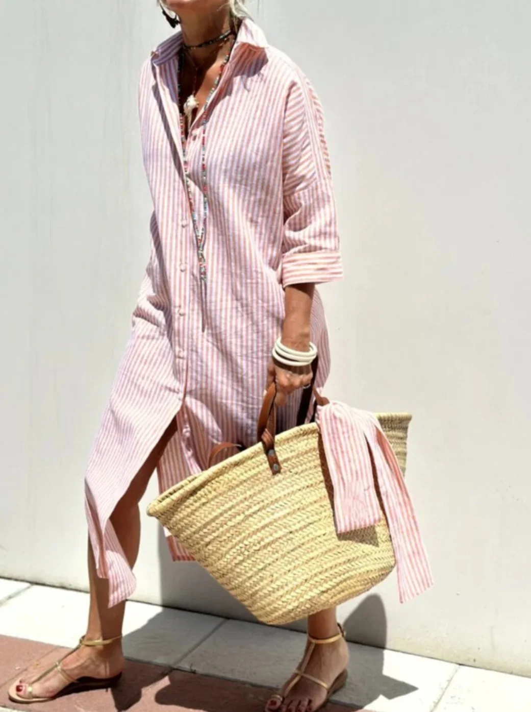 Striped Shirt Dress with Belt Fashion Half-sleeved Lapel Button Cardigan Dresses Women's Clothing