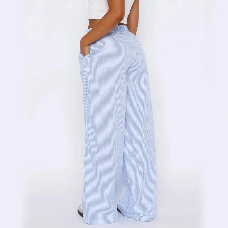 Striped Trousers with Pockets Ins Fashion Casual Wide Leg Straight Pants for Women Clothing