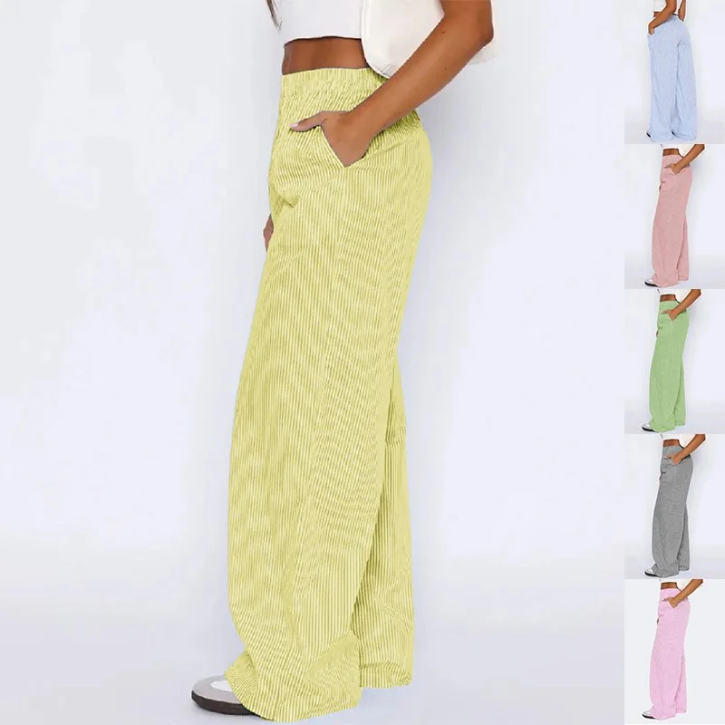 Striped Trousers with Pockets Ins Fashion Casual Wide Leg Straight Pants for Women Clothing