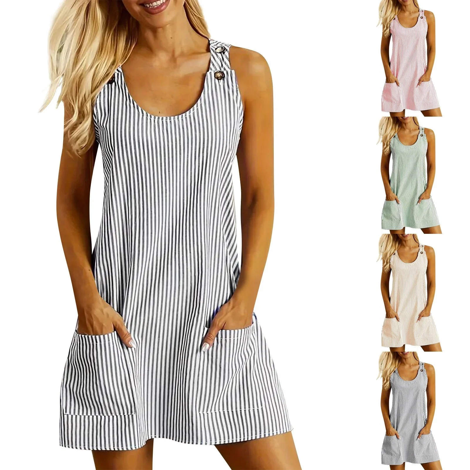 Summer Fashion Striped Patchwork Commuting U-neck Sleeveless Pockets Back Button Casual Straight Slimming Mini Dress for Women