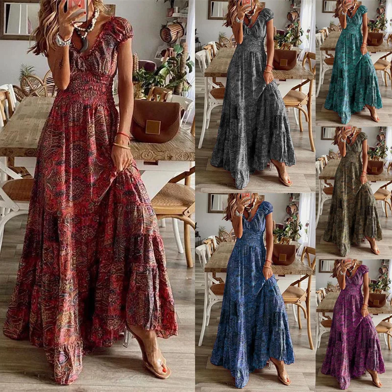 Summer Floral Print A-line Dress Women's Waist-cinching Mid-length Dresses