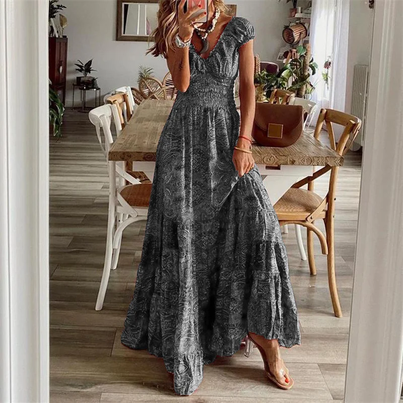 Summer Floral Print A-line Dress Women's Waist-cinching Mid-length Dresses