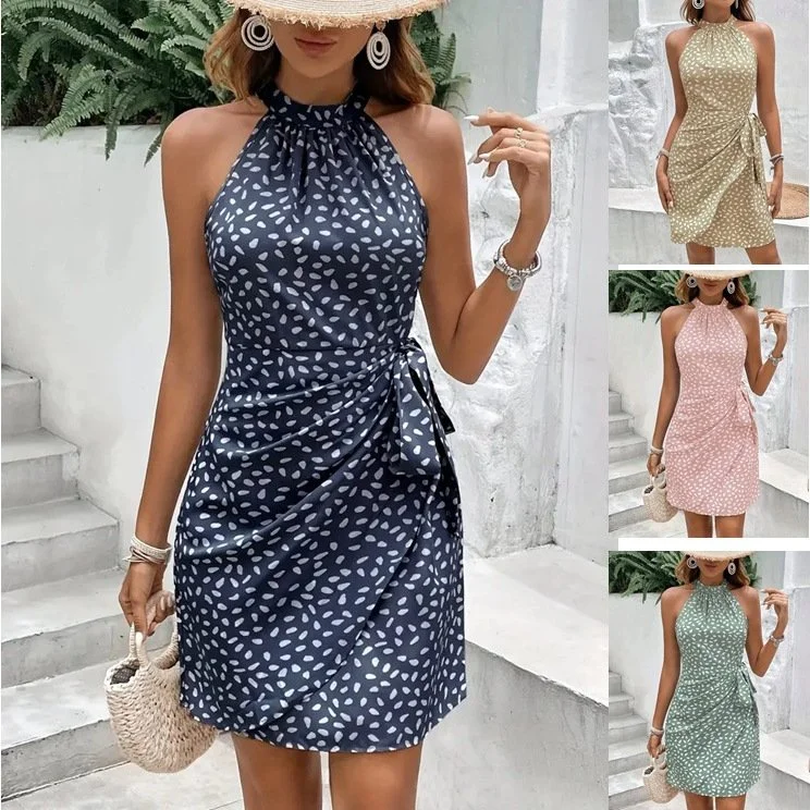 Summer Halterneck Printed Dress with Tied-waist Design Women's Shivering Dots Temperament Dress