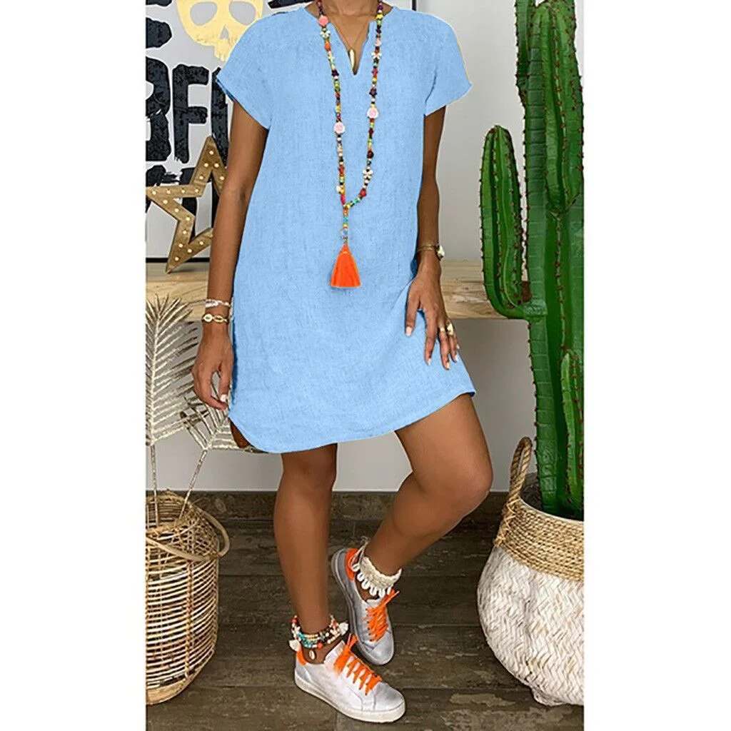 Summer Loose Solid Color Short-sleeve Irregular V-neck Cotton-linen Dress for Women
