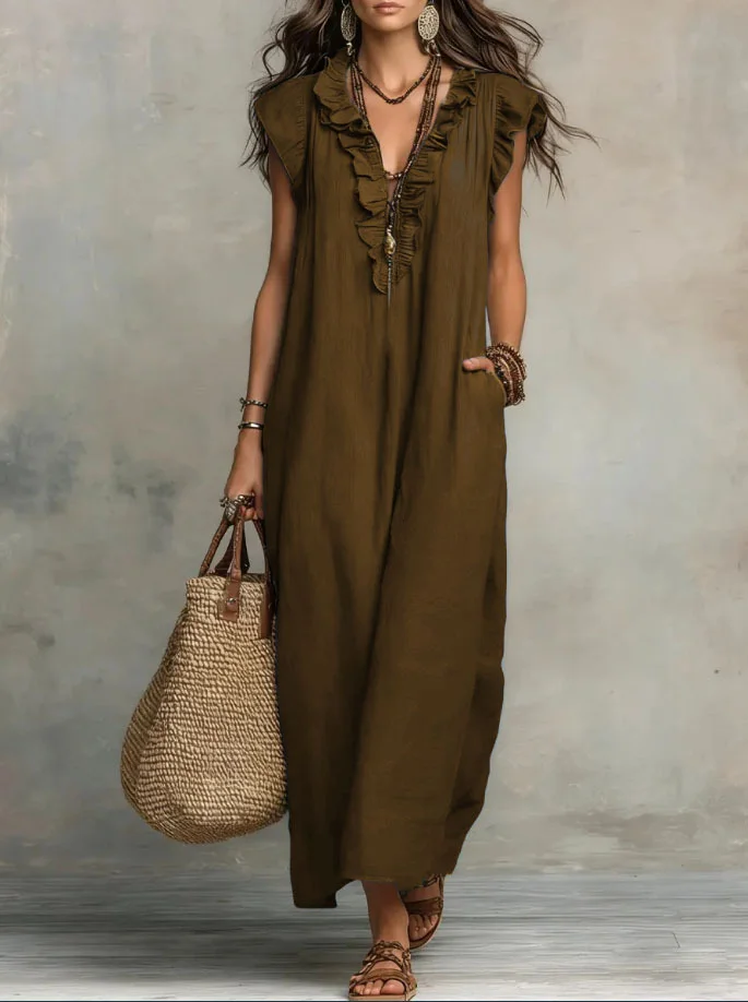 Summer Ruffle Dress with Pockets Women's Spring Elegant Casual Sleeveless A-line Shift Dresses