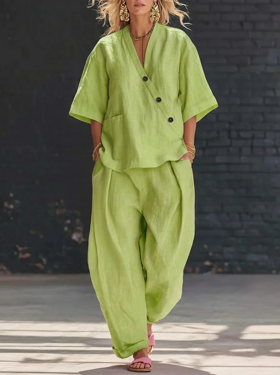 Summer Short-sleeved Suits Loose-fit V-neck Top and High-waist Trousers Women's Two-piece Set