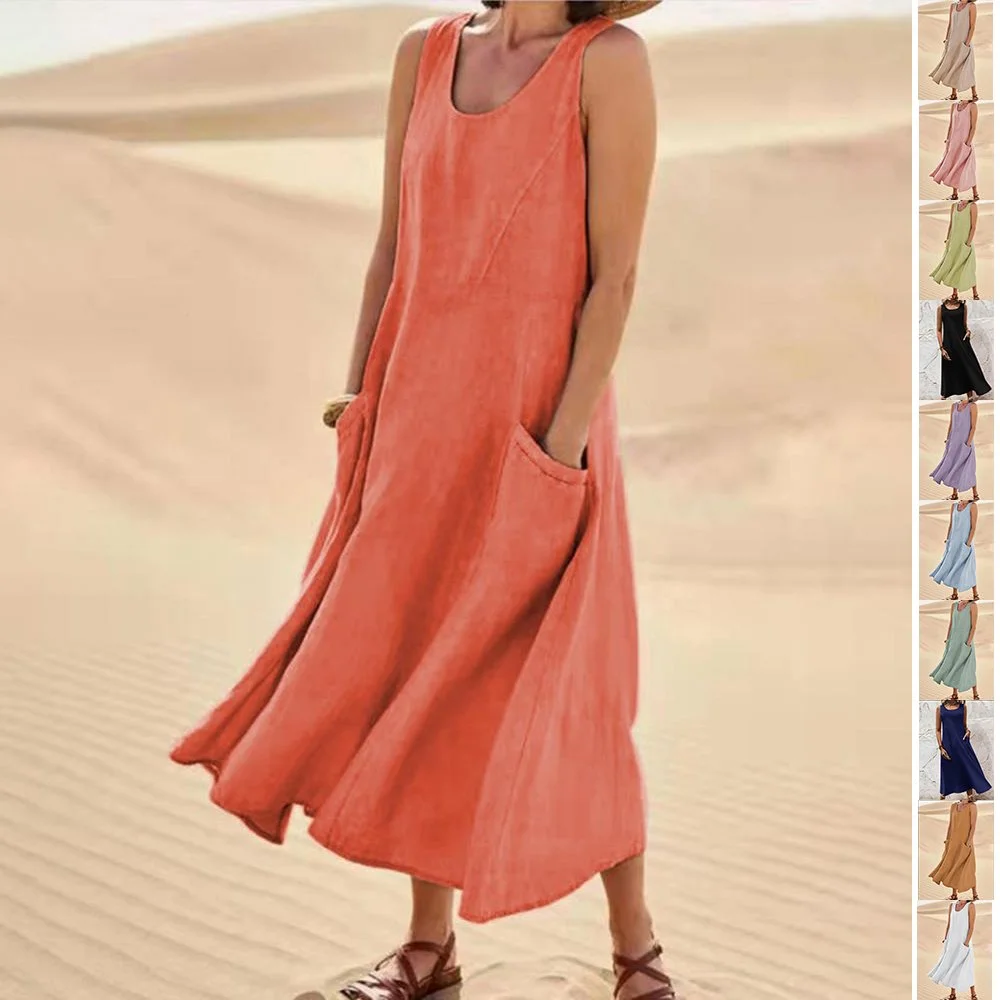 Summer Sleeveless Long Dress with Pockets Fashion Casual Loose Dresses Women's Clothing