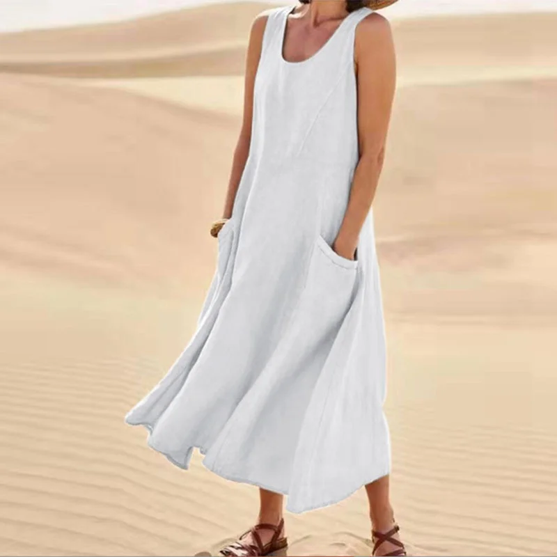 Summer Sleeveless Long Dress with Pockets Fashion Casual Loose Dresses Women's Clothing