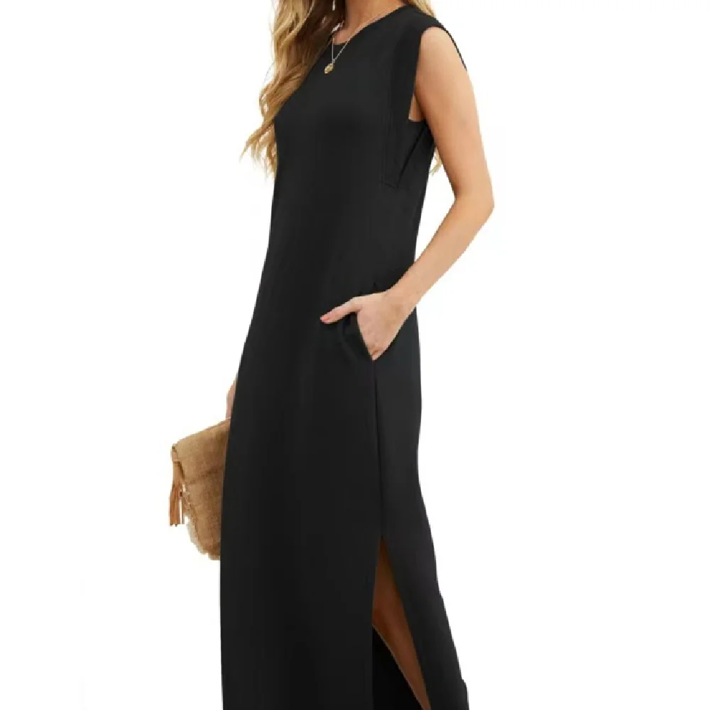 Summer Sleeveless Slit Dress with Pockets Casual Loose Long Dresses for Womens Clothing