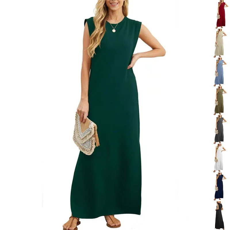 Summer Sleeveless Slit Dress with Pockets Casual Loose Long Dresses for Womens Clothing